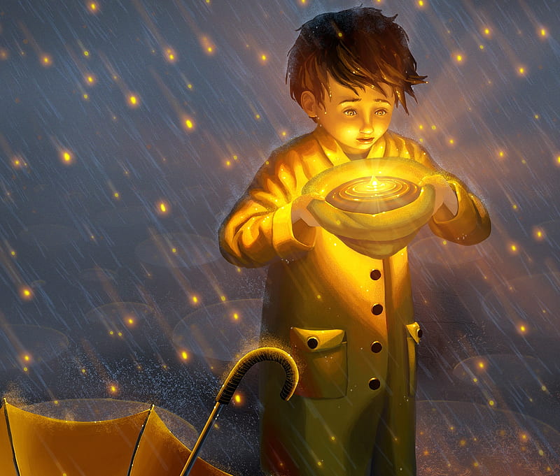 Starfall, idiehl, boy, luminos, yellow, copil, child, light, fantasy, HD wallpaper