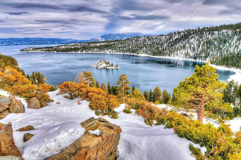 Emerald Bay, Lake Tahoe, hills, USA, california, snow, trees, clouds, winter, HD wallpaper