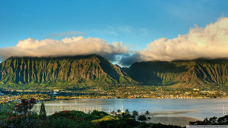 koolau mountains hawaii, bay, clouds, mountains, town, HD wallpaper