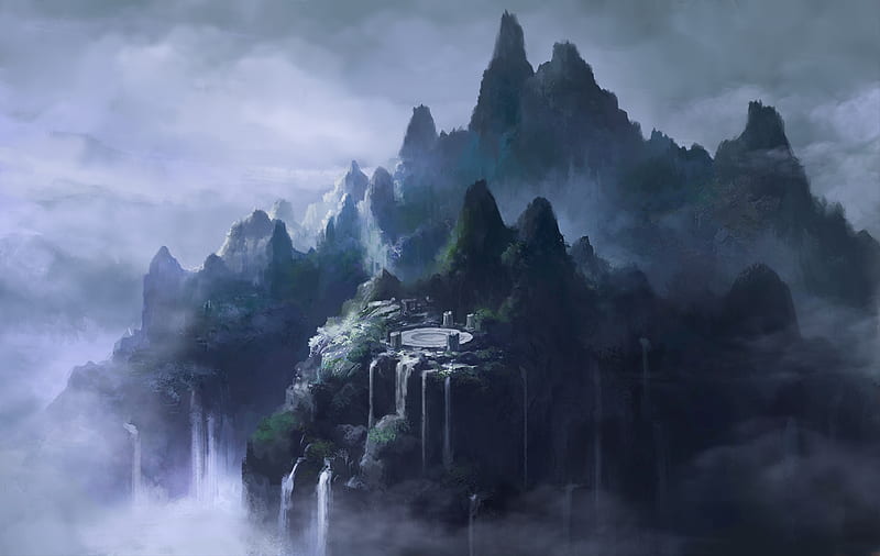 fantasy landscape, waterfall, mountains, foggy, clouds, Fantasy, HD wallpaper