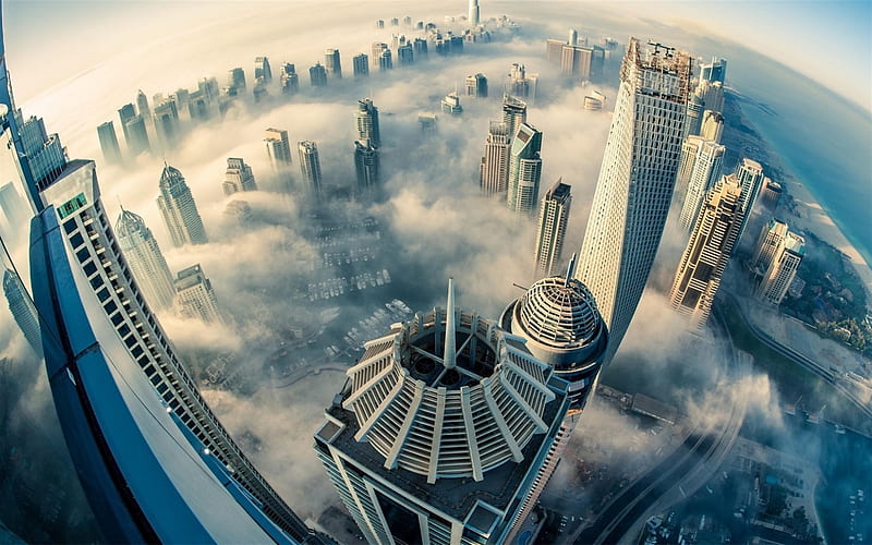 Dubai, morning, fog, clouds, skyscrapers, top view, city in the clouds, United Arab Emirates, HD wallpaper