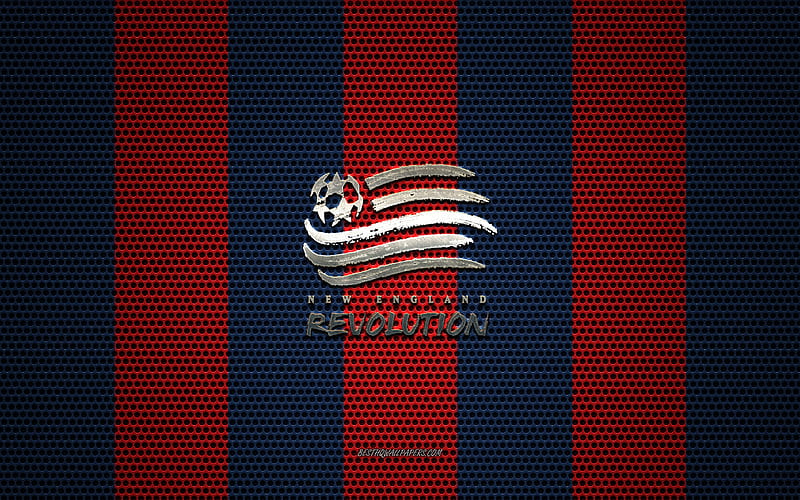 New England Revolution logo, American soccer club, metal emblem, blue-red metal mesh background, New England Revolution, NHL, Boston, Massachusetts, Florida, USA, soccer, HD wallpaper