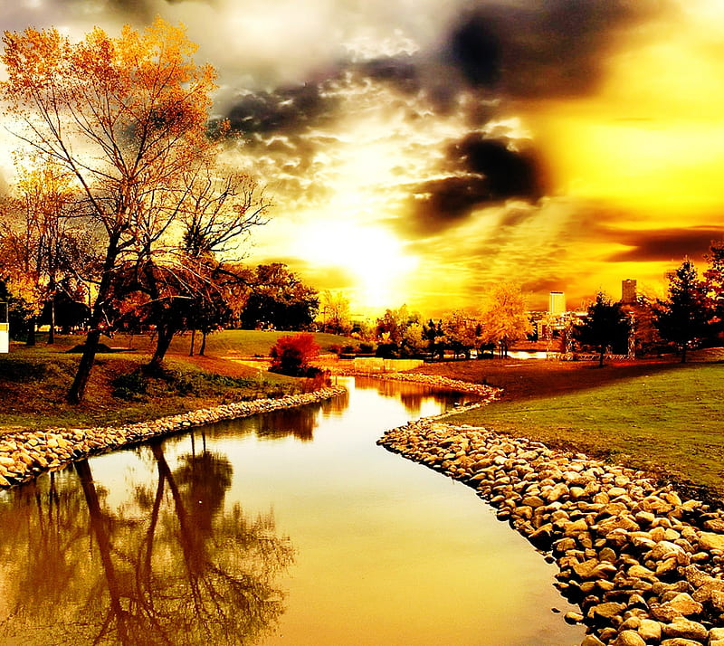 Autumn, clouds, landscape, nature, path, river, rocks, sunrise, village, HD wallpaper