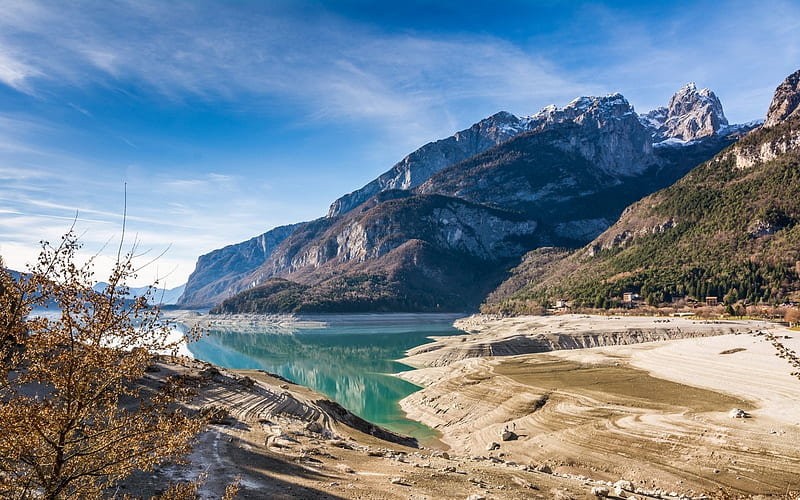 Lake Molveno, mountains, coast, Dolomites, Trentino Alto Adige, Italy, HD wallpaper