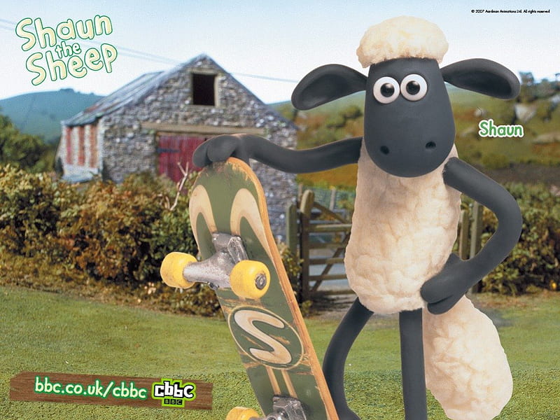 Shaun the sheep, fence, sheep, shaun, skateboard, grass, pasture, country, barn, HD wallpaper