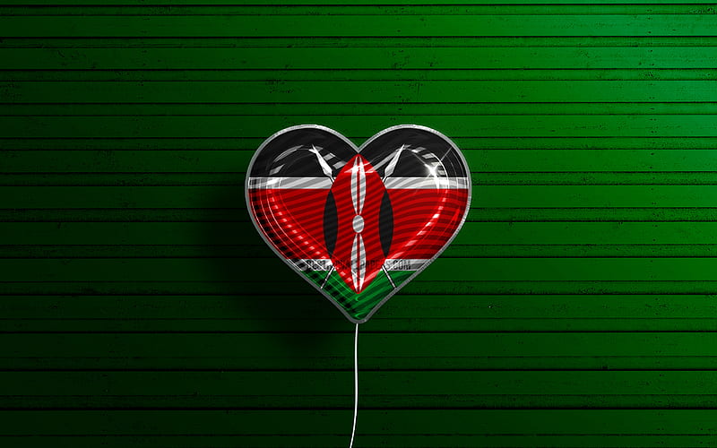 I Love Kenya realistic balloons, blue wooden background, African countries, Kenyan flag heart, favorite countries, flag of Kenya, balloon with flag, Kenyan flag, Kenya, Love Kenya, HD wallpaper