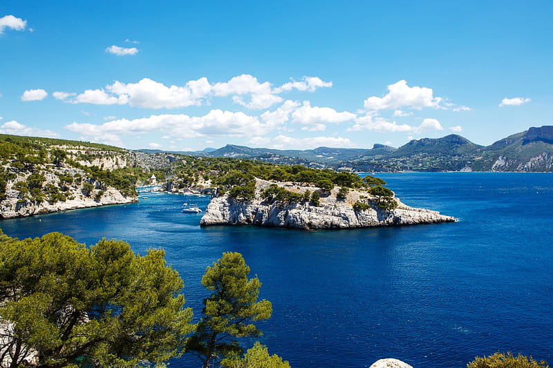 Mediterranean Coast at Marseille, France, hills, rocks, coastline, trees, clouds, sky, sea, landscape, HD wallpaper