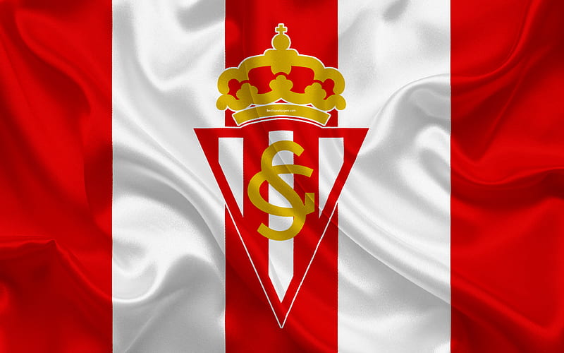 Real Sporting de Gijon silk texture, Spanish football club, logo, emblem, white red flag, Segunda, Division B, LaLiga2, Gijon, Spain, football, Gijon FC, HD wallpaper