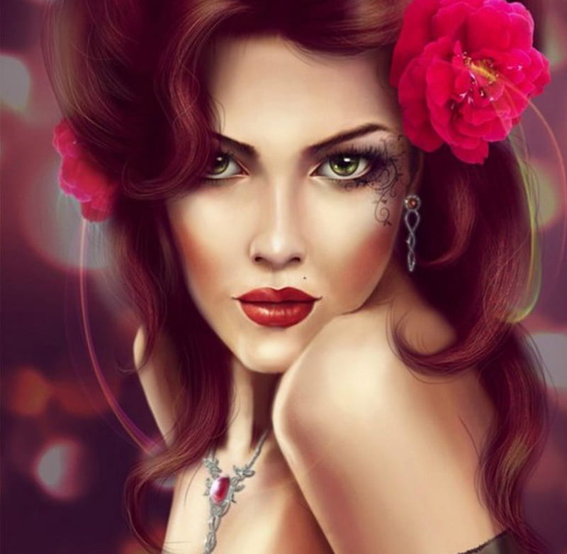 Beautiful Lady, art, flowers, bonito, face, potrait, lady, HD wallpaper