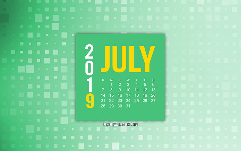 July 2019 calendar, green creative background, 2019 calendars, green abstract background, July, 2019 concepts, green 2019 July calendar, HD wallpaper