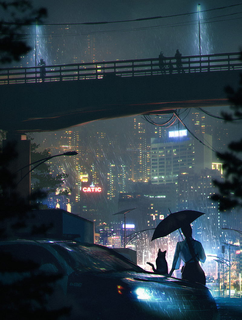 futuristic, futuristic city, neon lights, bridge, umbrella, rain, cyberpunk, cats, HD phone wallpaper