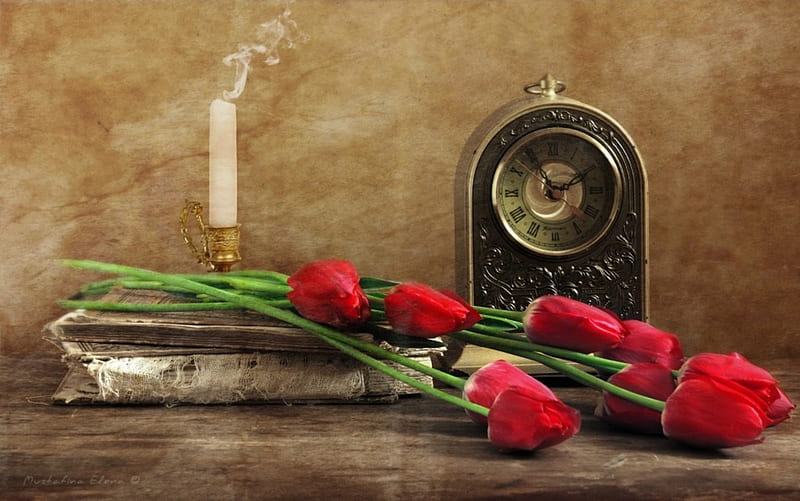 still life, pretty, books, book, bonito, old, candlestick, graphy, nice, elegance, gentle, flowers, beauty, tulips, tulip, harmony, candle, lovely, clock, cool, bouquet, flower, HD wallpaper