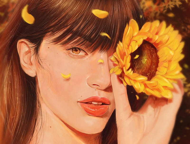Sun 'n flower, portrait, art, sun, luminos, arthur henri, yellow, sunflower, vara, fantasy, girl, hand, summer, petals, face, HD wallpaper
