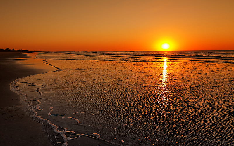 Sunset, sun, ocean, sunlight, sky, clouds, sea, beach, sand, rays, nature, reflection, HD wallpaper