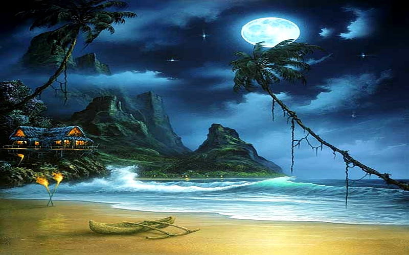 MAGICAL MOMENT, beach, moon, mountains, ocean, night, HD wallpaper