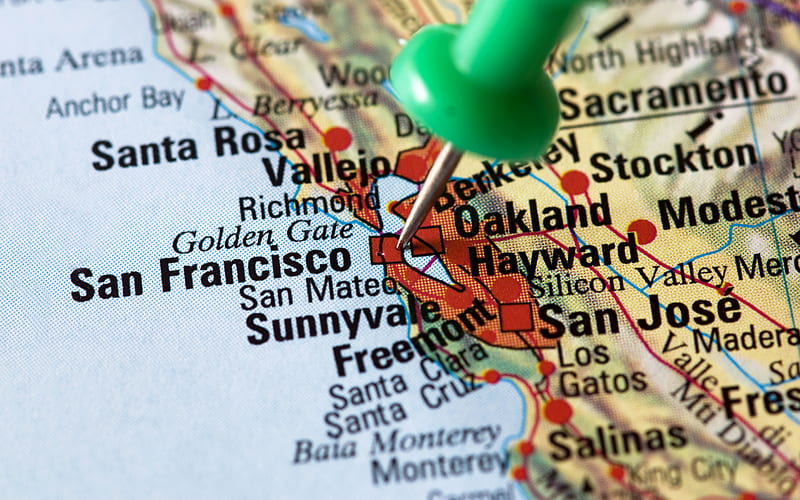 San Francisco, map pointer, California, USA, map, travel to San Francisco, USA map, HD wallpaper