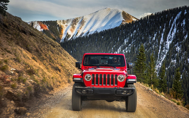 Jeep Wrangler Rubicon, 2018, red SUV, American cars, mountain road, USA, mountains, Jeep, HD wallpaper