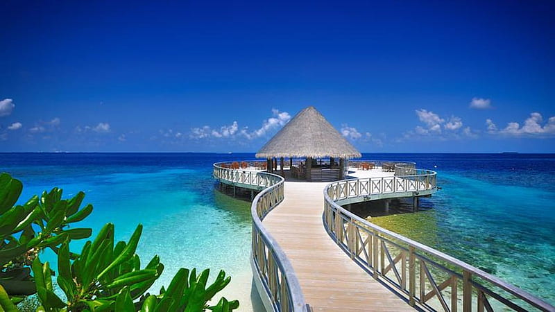 Maldives Bandos Island Resort, gazebo, sky, bridge, indian, ocean, HD wallpaper