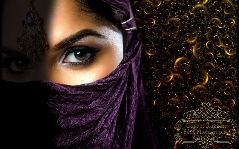 Beautiful face, brunette, purple, veil, indian, beauty, face, lady, HD wallpaper