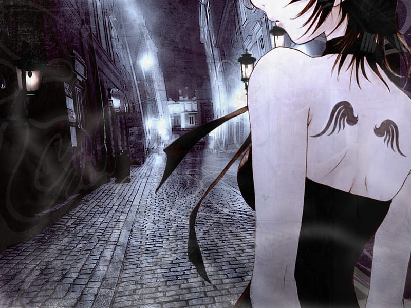 she can fly, wings, alone, girl, anime, dark, HD wallpaper