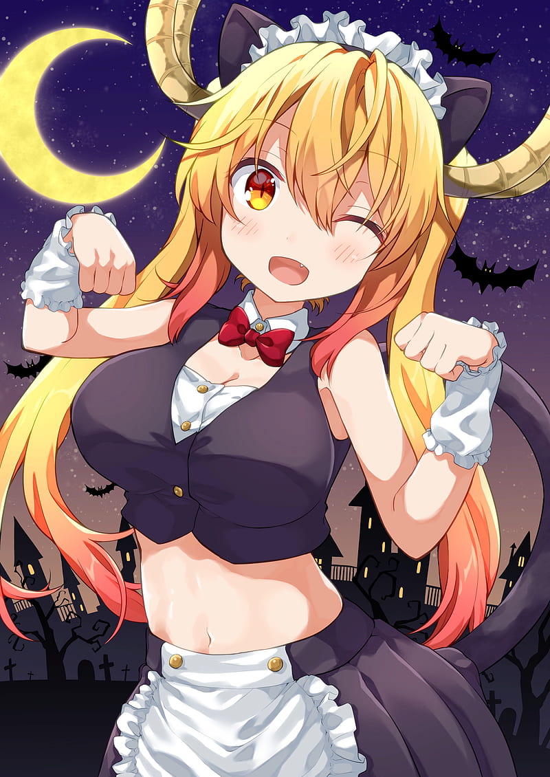 anime, anime girls, Kobayashi-san Chi no Maid Dragon, Tohru (Kobayashi-san Chi no Maid Dragon), dragon girl, horns, long hair, twintails, blonde, blond hair, orange eyes, cat ears, cat tail, Halloween, bow-tie, arm warmers, thin eyebrows, blush, blushing, belly, belly button, navels, skirt, bare shoulders, Moon, night, bats, HD phone wallpaper