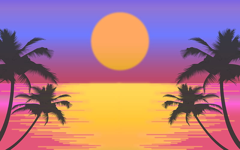 sunset, sea, palms silhouettes, palms tree, HD wallpaper