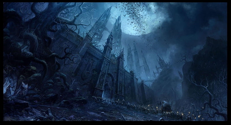 CHATEAU OF DARK MOON, chateau, moon, gothic, dark, trees, castle, night, HD wallpaper