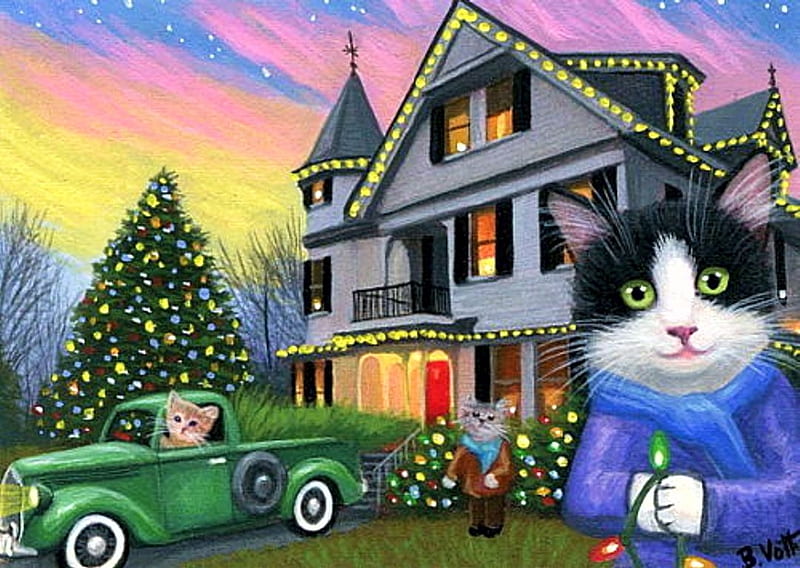 Decorating for Christmas, ornaments, tree, house, car, painting, cat, artwork, HD wallpaper