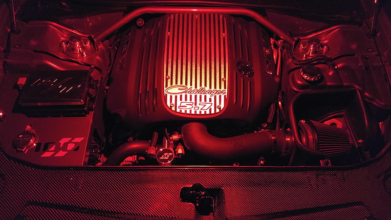 Challenger R/T Under Hood with Red LED Flood, Dodge, 100th Anniversary, Challenger, Mopar, HD wallpaper