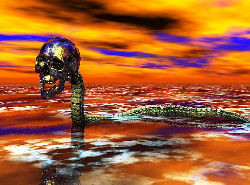 Satanic Fish, spine, multi colored, water, back, evil, sky, bones, skull, HD wallpaper