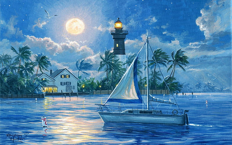 Moonrise, clouds, sky, lighthouse, palms, sea, house, artwork, boat, moon, painting, HD wallpaper