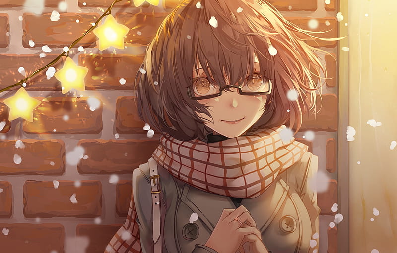 meganekko, anime girl, smiling, scarf, glasses, short hair, wall, Anime, HD wallpaper
