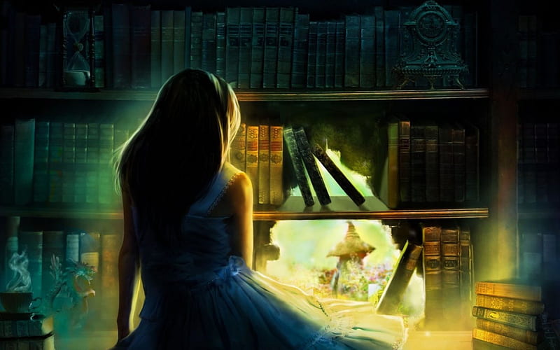 The magical bookshelf, bookshelf, fantasy, book, magical, woman, HD wallpaper