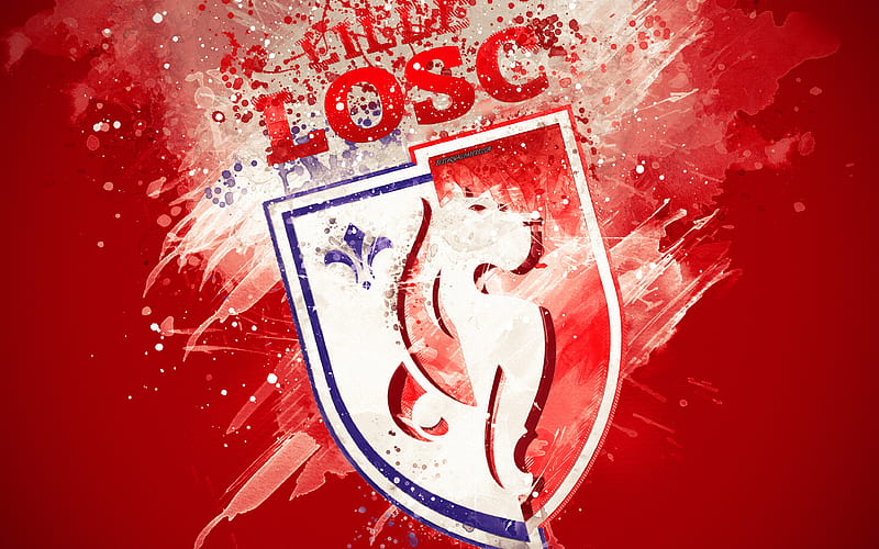 Lille OSC paint art, creative, French football team, logo, Ligue 1, emblem, red background, grunge style, Lille, France, football, HD wallpaper