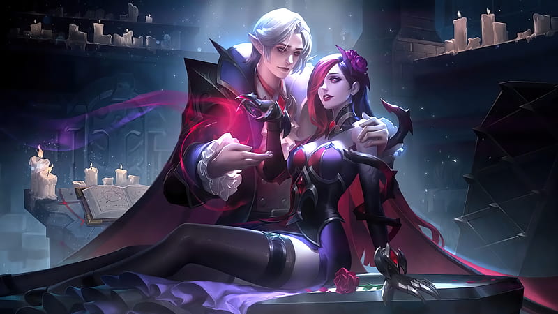 Cecilion and Carmilla, pink, blue, couple, luminos, game, carmilla, man, mobile legends, fantasy, cecilion, girl, vampire, HD wallpaper