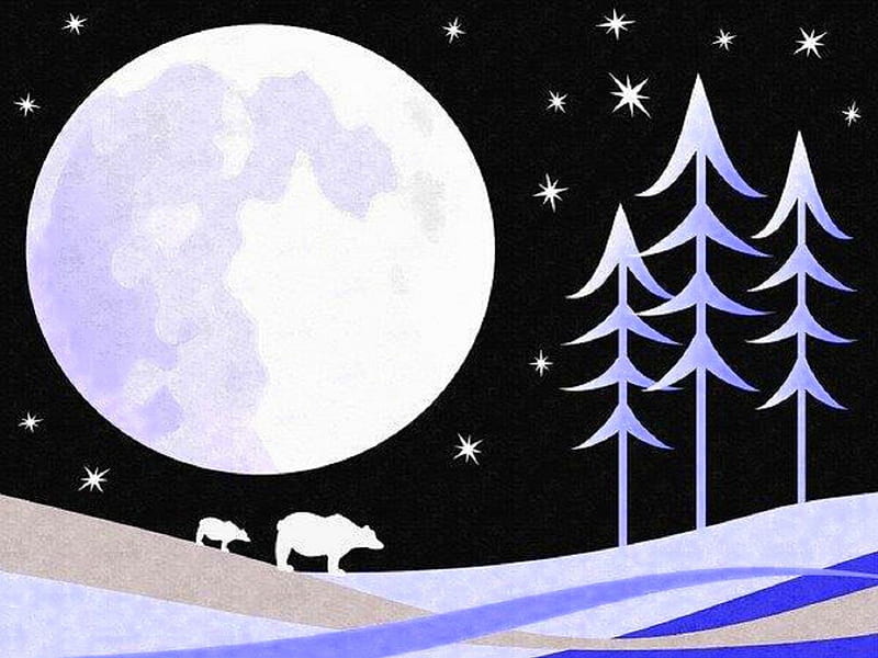 Full Moon, moon, purple, snow, trees, Winter, HD wallpaper