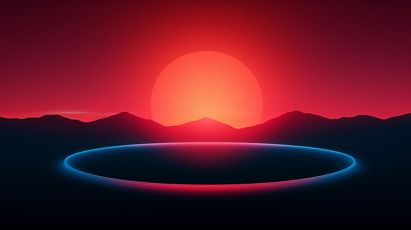 Sun Setting Over Mountains Neon Light , minimalism, minimalist, artist, artwork, digital-art, HD wallpaper