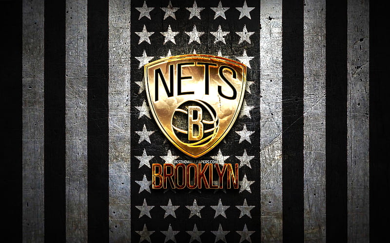 Brooklyn Nets flag, NBA, black white metal background, american basketball club, Brooklyn Nets logo, USA, basketball, golden logo, Brooklyn Nets, HD wallpaper