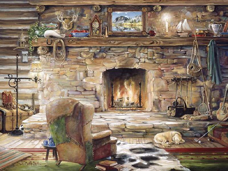 At The Ranch, ornaments, plant, golf ball, mantle, fireplace, stone, rugs, comforts of home, chair, dog, cowboy boots, lamp, piture, golf club, fire, platform, trunk, HD wallpaper