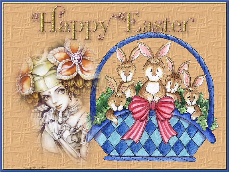 Easter bonnet with basket of bunny's, basket, new, rabbits, happy easter, bunnies, easter bonnet, HD wallpaper