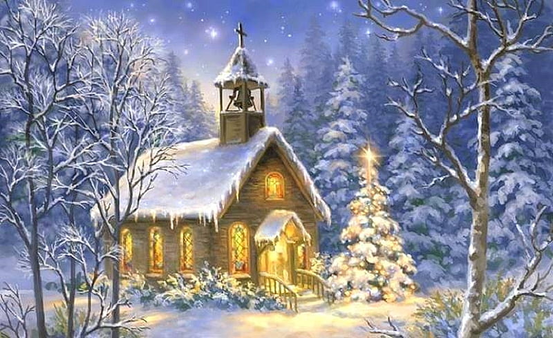 Winter of Faith, stars, holidays, Christmas Tree, love four seasons, attractions in dreams, xmas and new year, winter, paintings, snow, churches, winter holidays, woodland, HD wallpaper