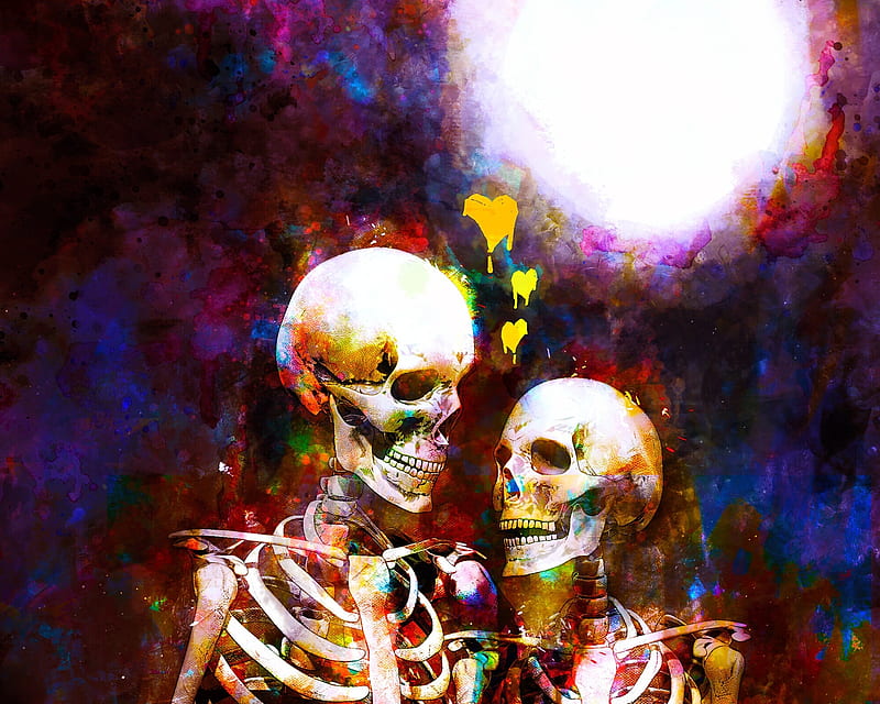 beautiful skull skeleton of lover in forest cuddle lay on ground together  with flowers and floral  idea for eternal love romantic Valentine or  Halloween background they are smiling to each other