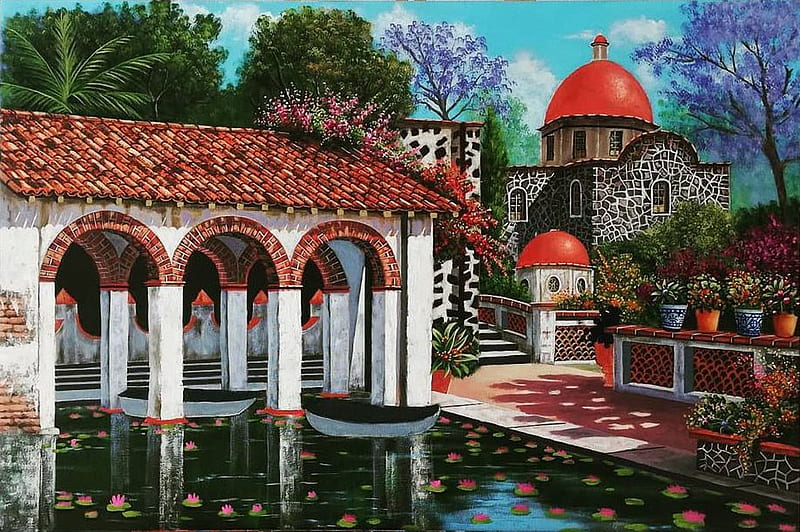 Mexican Buildings, architecture, pond, flowers, painting, church, artwork, HD wallpaper