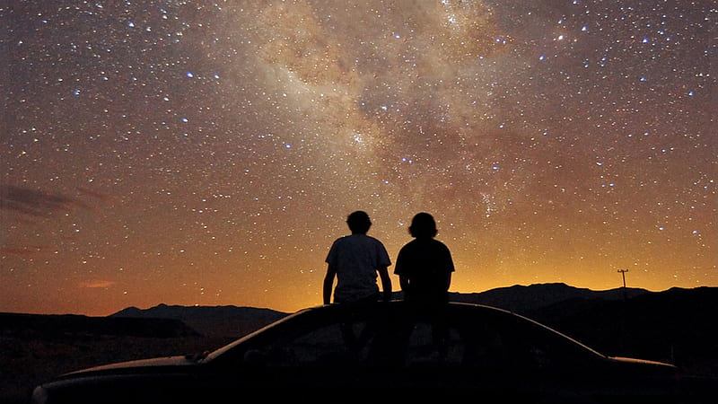 Two Boys Sitting On Top Of Car Under Brown Sky With Stars During Sunset Space, HD wallpaper