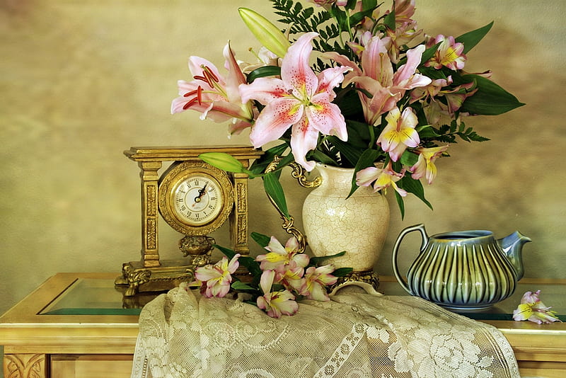 still life, teapot, lace, antiques, flowers, vase, clock, HD wallpaper