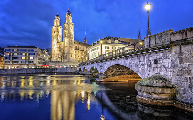 Zurich, Grossmunster, evening, stone bridge, sunset, Zurich landmark, Zurich cityscape, Switzerland, HD wallpaper