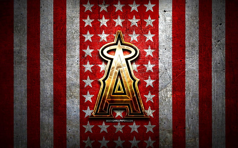 Los Angeles Angels flag, MLB, red white metal background, american baseball  team, HD wallpaper