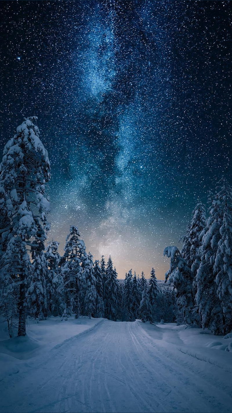 Blue winter, winter, winter is here, mountain, mountains, star, here, sky, night, blue, snow, HD phone wallpaper