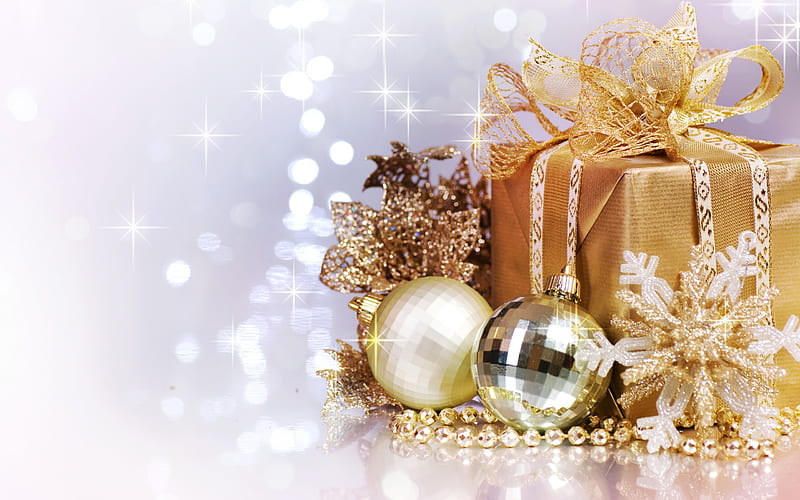 Christmas, golden box, gifts, golden star, New Year, Christmas decoration, HD wallpaper