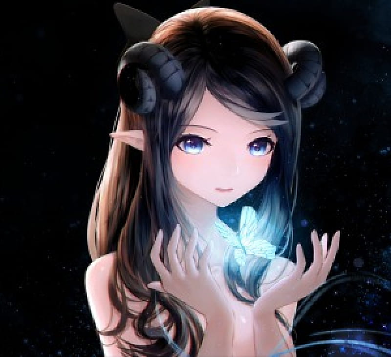 [ This Mind ], pretty, glow splendid, cg, bonito, magic, sweet, nice, fantasy, butterfly, anime, beauty, anime girl, realistic, long hair, gorgeous, black hair, female, lovely, glowing, black, girl, horn, dark, awesome, lady, angelic, maiden, HD wallpaper